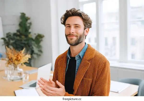 Caucasian Man Clapping in Modern Office