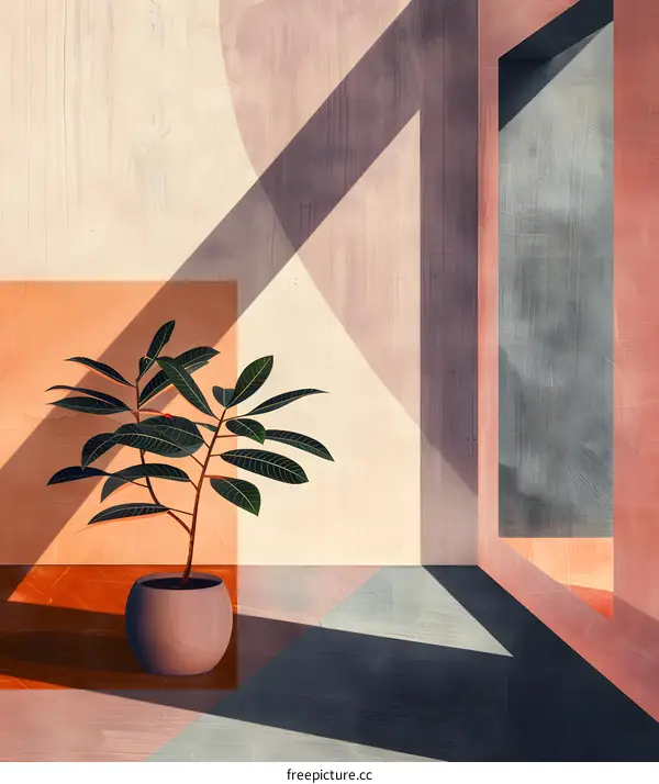 Minimalist Illustration of a Green Plant in a Pot with Abstract Geometric Shapes