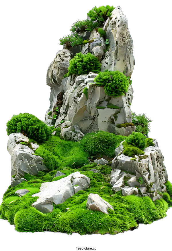 [Transparent Background PNG]Green Moss and Rocks Miniature Landscape