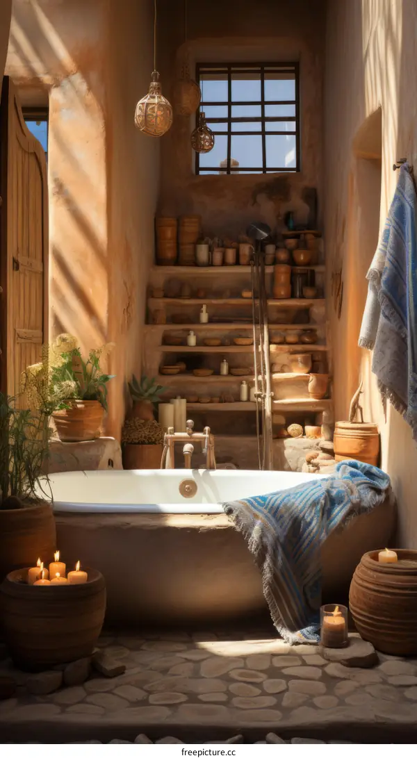 Bathroom With Stone Walls and Bathtub