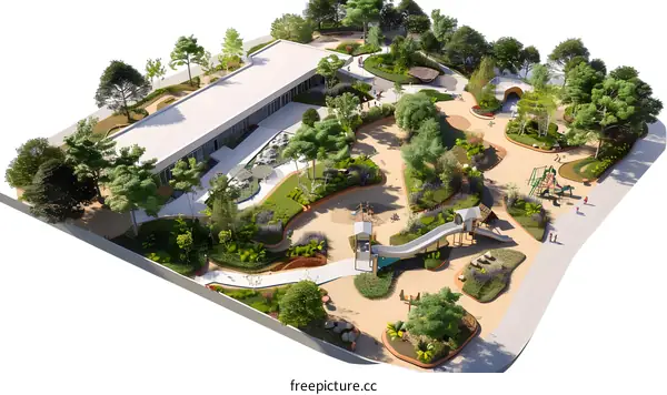 Aerial View of Modern School Playground with Children Playing