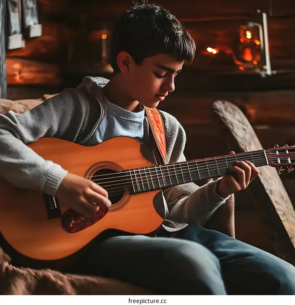Young Boy Playing Acoustic Guitar