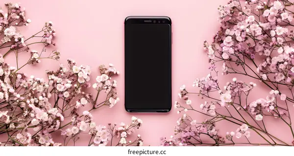 Pink Flowers and Black Smartphone on a Pink Background
