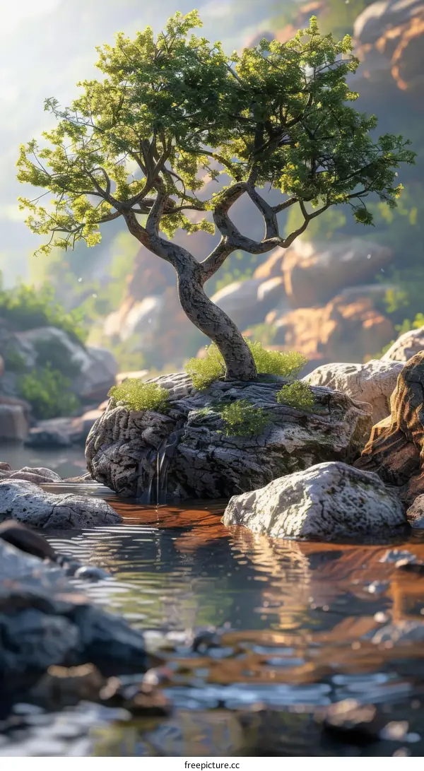A Scenic River Landscape with a Tree Growing on a Rock