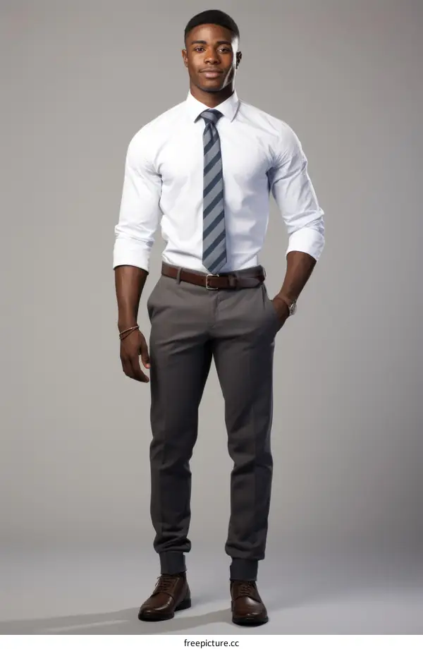 Black man wearing white shirt and gray pants