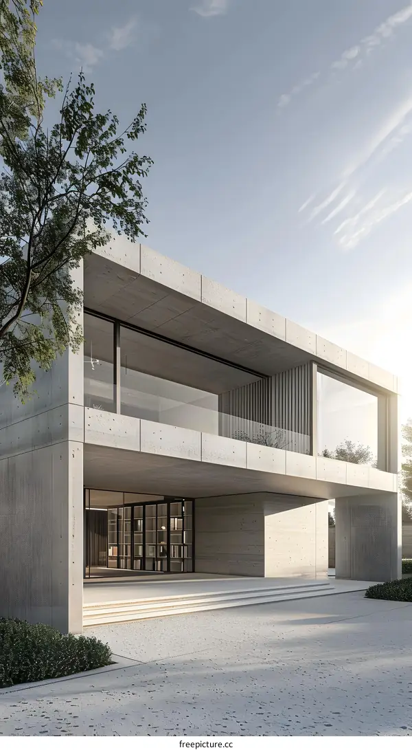 Modern Concrete House with Large Windows and Balcony