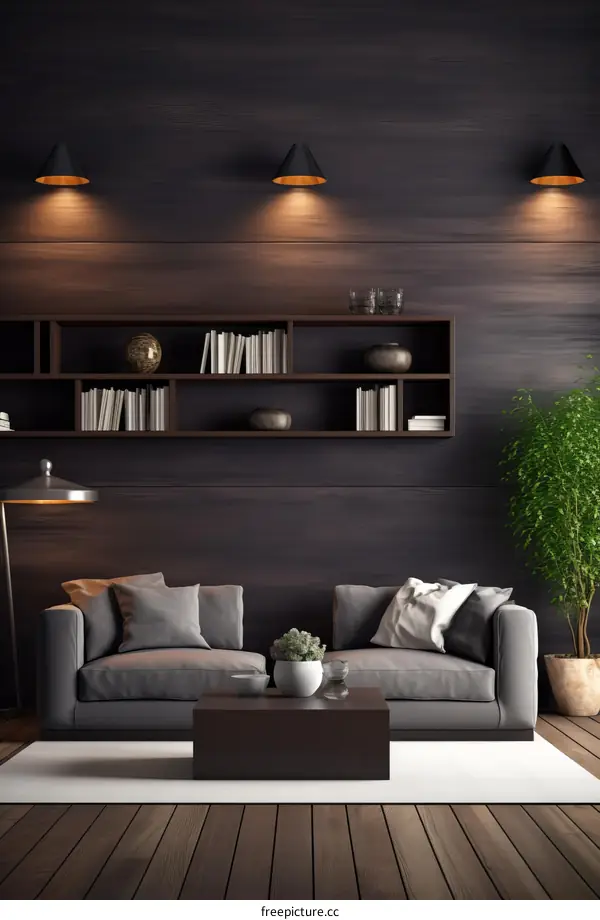 A dark and moody living room with a gray sofa, dark wood walls, and a green plant