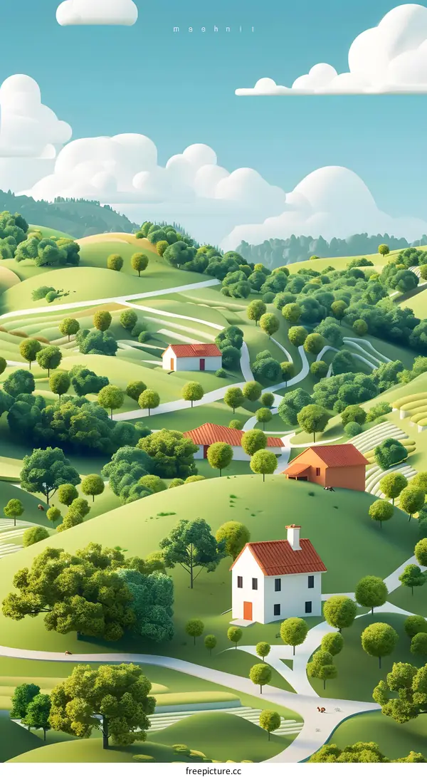Cartoon Illustration of a Lush Green Landscape with Houses and Winding Roads