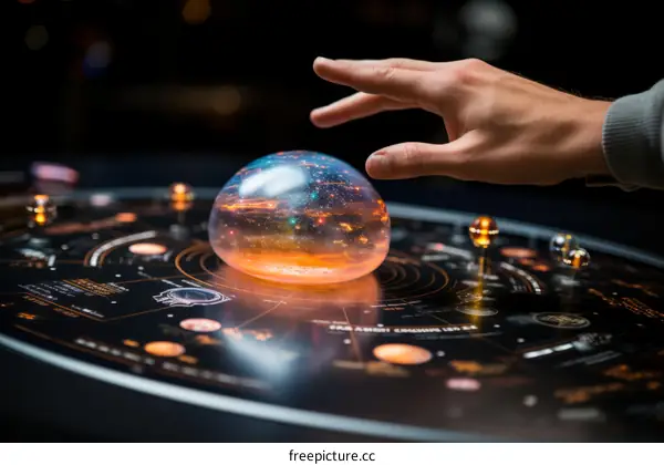 A hand reaching out to touch a glowing sphere