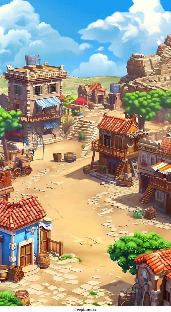 Cartoon Illustration of a Small Town with Buildings and a Stone Path