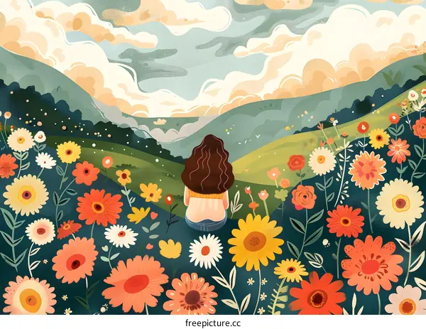Woman Sitting in Flower Field with Mountain View