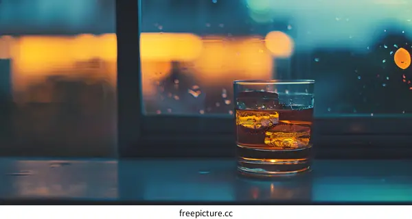 Whiskey Glass On Window Sill With Rain