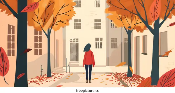 Autumn in the City with a Woman in Red