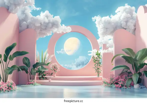 Pink Minimalist Stage With Moon and Clouds