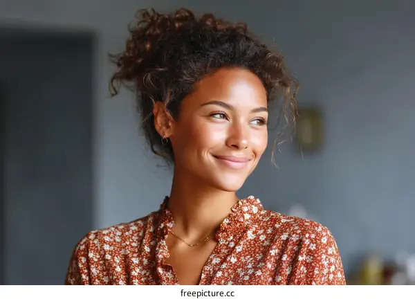 Smiling Woman with Curly Hair in a Floral Print Dress