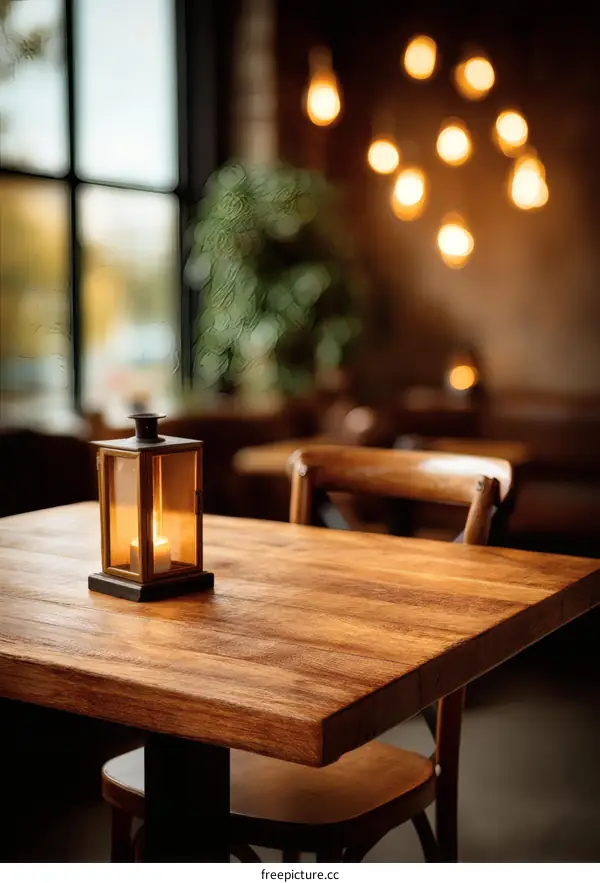 Warm Wooden Table with Lantern in Restaurant
