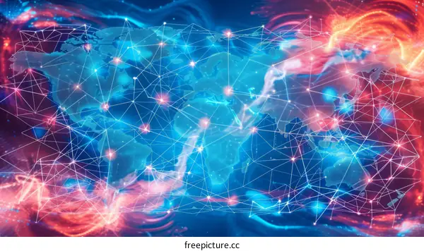A digital illustration of a world map with glowing red and blue lines and dots.