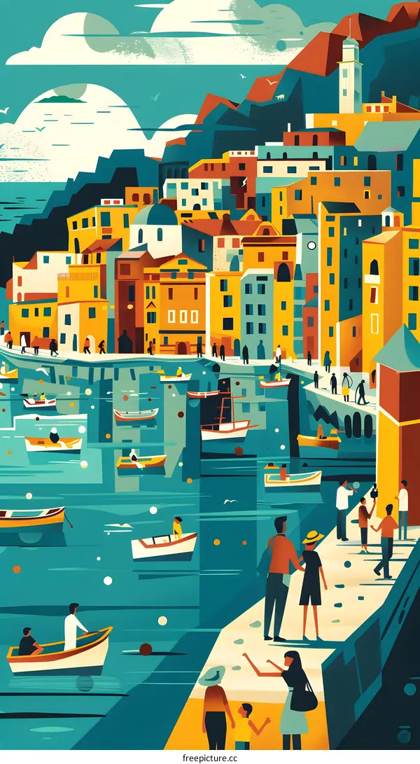 Colorful Illustration of a Cityscape by the Sea