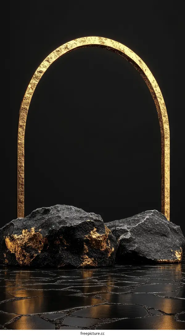 Luxury Gold Archway Display with Dark Rocks