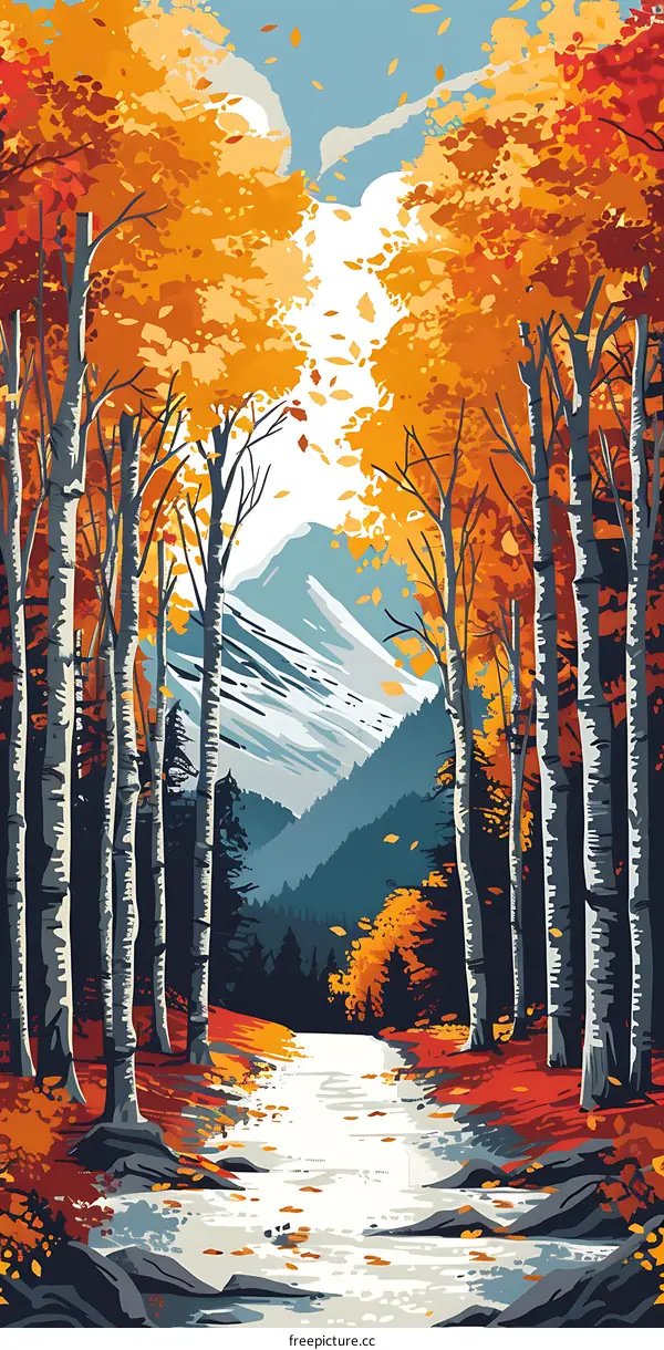Autumn Forest Illustration With Mountain View