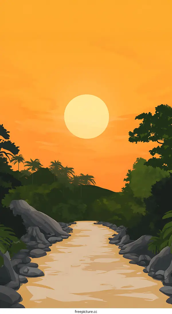 Sunset in the Jungle Landscape Illustration