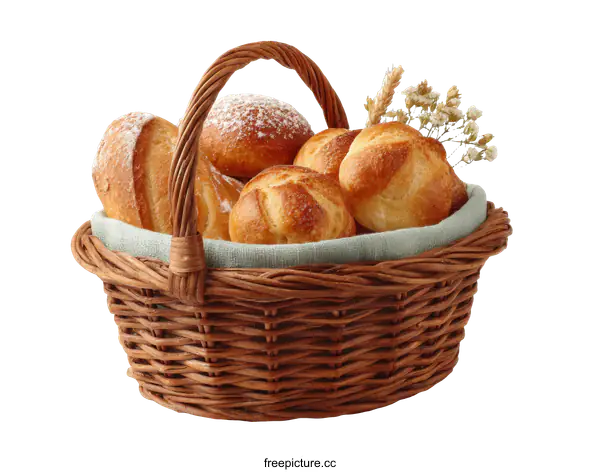 [Transparent Background PNG]Wicker Basket Filled with Assorted Breads