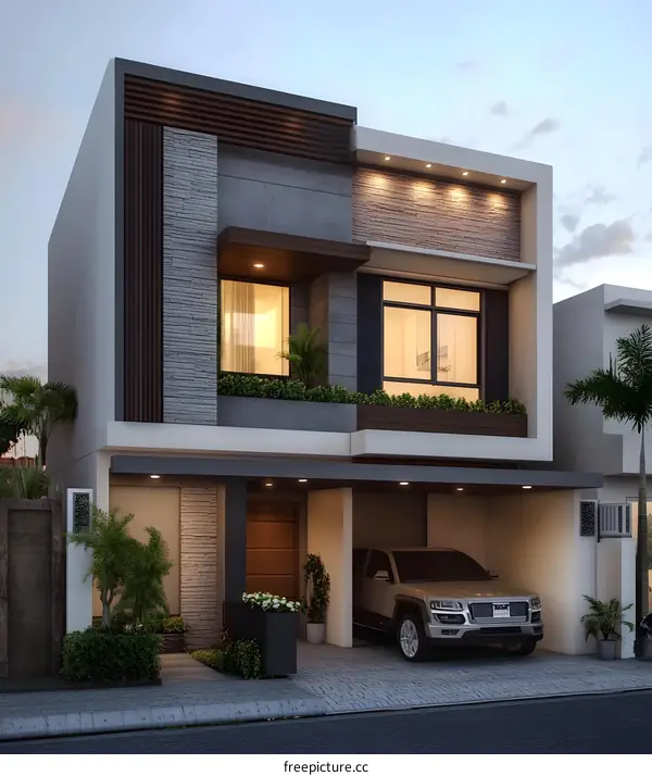 Modern Two Story House with Garage and Landscaping