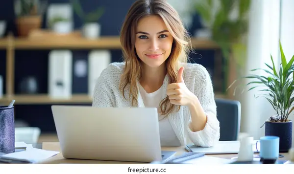 Woman Giving Thumbs Up at Work