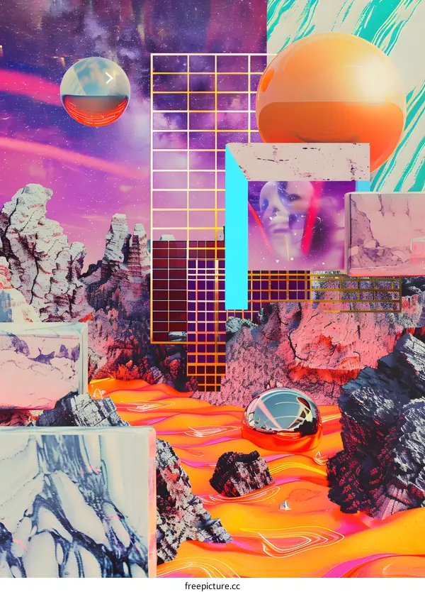 Abstract Digital Art With Geometric Shapes And Planets