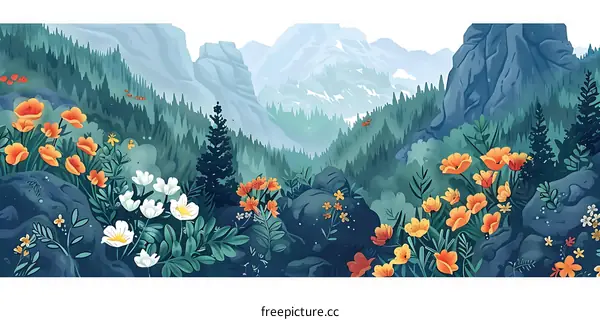 Mountain Landscape with Flowers and Trees