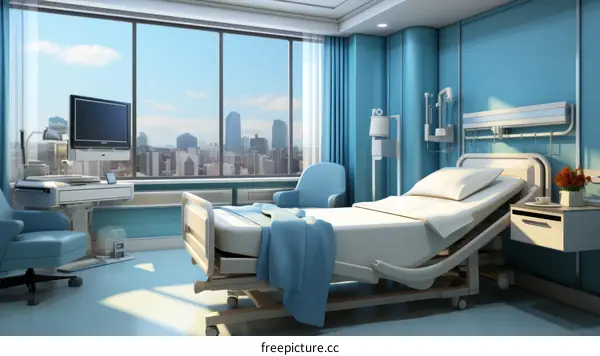 Patient room with a view of the city