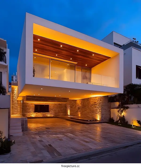 Modern Minimalist House With Stone Facade and Large Windows