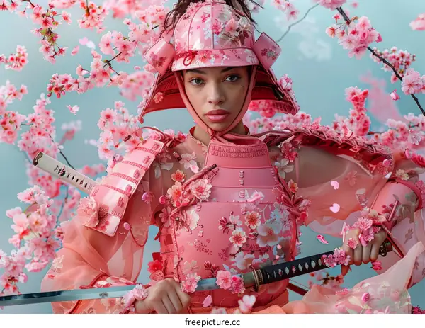 A woman wearing a pink samurai armor with cherry blossoms