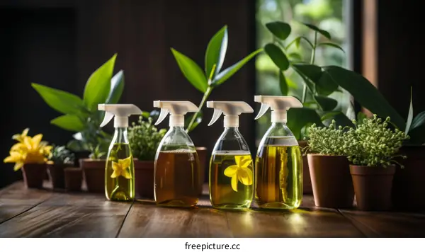 Four Spray Bottles with Vibrant Yellow Flowers on a Wooden Table