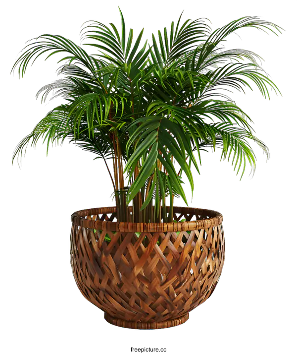 [Transparent Background PNG]Green Tropical Palm Tree in a Brown Wicker Basket