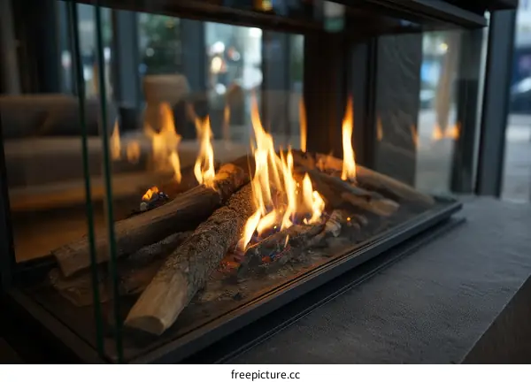 Modern Glass Enclosed Fireplace with Burning Logs