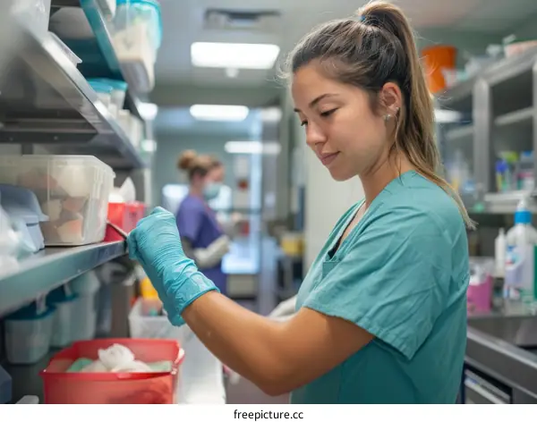 Young woman in ponytail wearing blue gloves and green scrubs organizing medical supplies on shelf in storeroom