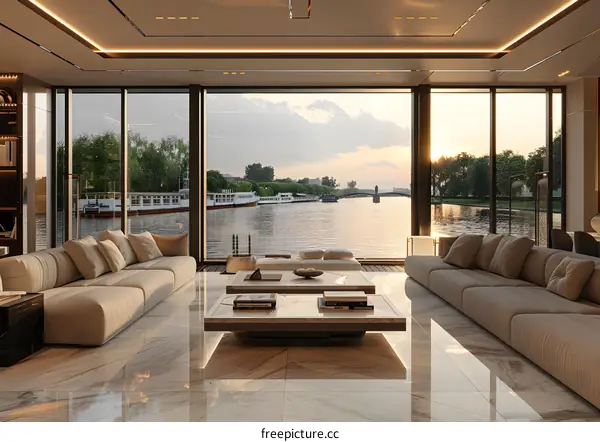 Modern living room interior design with large windows and river view