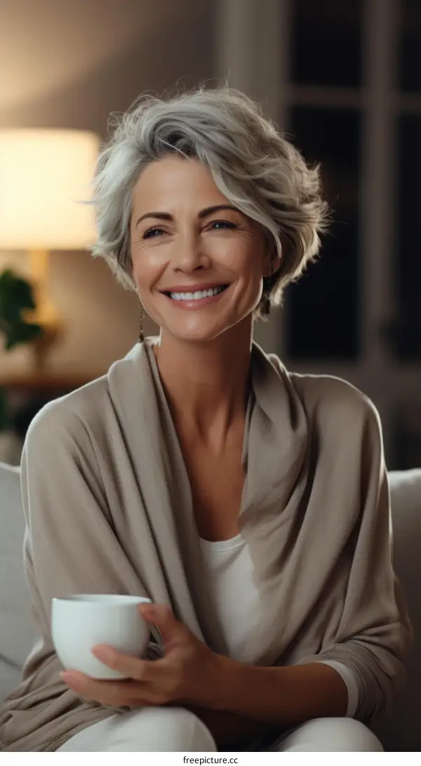 Portrait of a smiling mature woman with grey hair holding a cup of tea