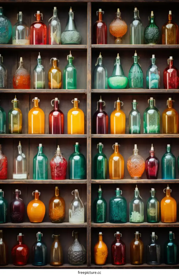 A wooden shelf filled with a variety of colorful glass bottles