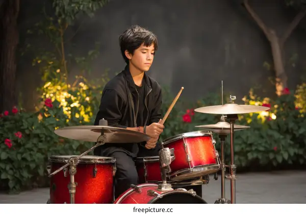 Young Musician Playing Drums Outdoors