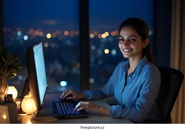 Woman working late night in the office