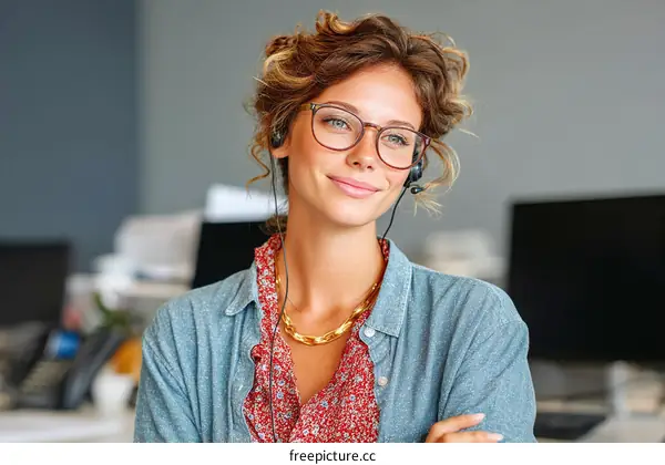 Woman wearing glasses and headset in office