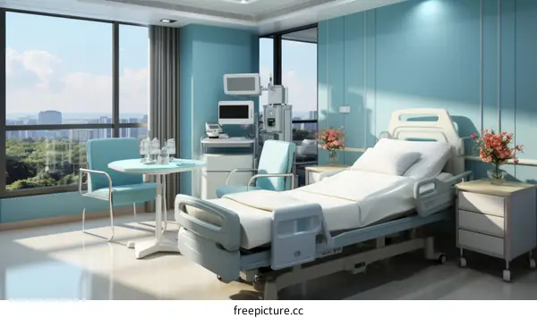 A hospital room with a bed, table, and flowers