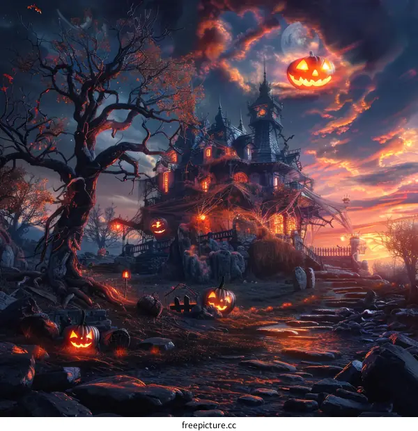 Spooky Haunted House with Pumpkins for Halloween