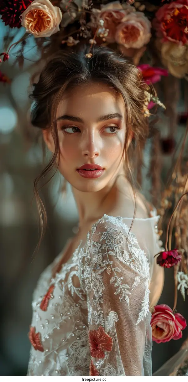 Beautiful Woman in Elegant Floral Lace Wedding Dress