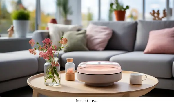 An elegant coffee table with a pink glass dome