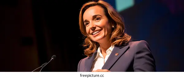 Smiling Woman Speaking at a Conference
