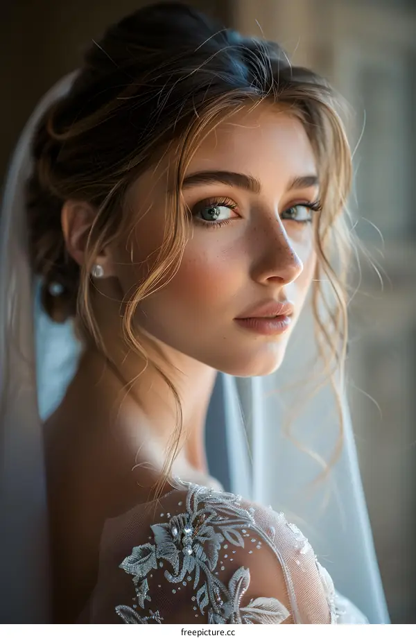 Portrait of a beautiful bride with blonde hair and blue eyes