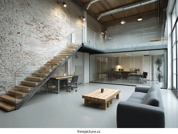 Industrial Loft Office Space with Wooden Staircase
